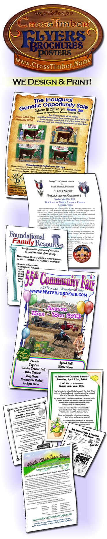 Flyers, designed and printed by CrossTimber 740-984-2583